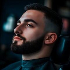 A handsome man with short hair and a beard in a barbershop, his head tilted back slightly to show off his hairstyle.