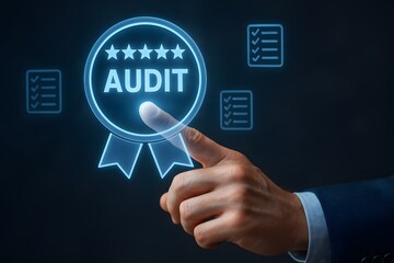 Fototapeta premium A close-up shot of a hand interacting with a glowing audit icon, symbolizing business evaluation, financial analysis, and inspection.