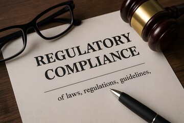An image of a regulatory compliance document, alongside glasses, a gavel, and a pen, symbolizing the legal aspects of business.