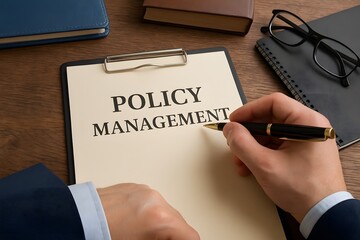 A close-up of a businessperson's hand diligently writing or signing a document. The image showcases a pen in hand, meticulously drafting important contracts or policies.