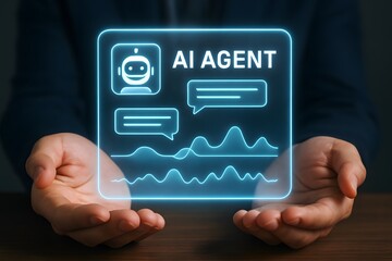 A person's hands gently cradle a luminous interface that reads "AI Agent," and features a chat box. The scene signifies the advent of innovative communication.