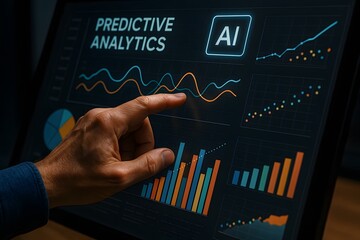 A close-up view of a person's hand interacting with a touch screen displaying intricate data visualizations of predictive analytics, emphasizing technological sophistication and data-driven insights.