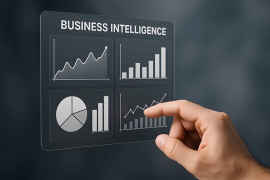 A person interacts with a digital interface showcasing a 'Business Intelligence' report, represented by various graphs. The graphs displays financial data, such as trends, sales, and progress.