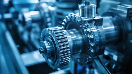 Fototapeta premium Close-up image of interlocking metal gears in a mechanical system, showcasing precision engineering and industrial machinery.