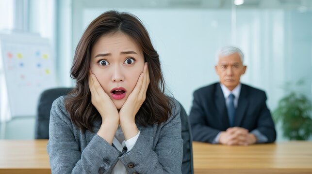 young asian woman sitting in a bright modern office meeting room, shocked and confused expression, facing her boss who is sitting across the table with a stern look