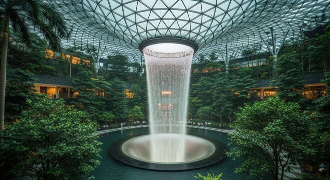 Spectacular Jewel Changi Airport Waterfall with indoor greenery creates a serene ambiance