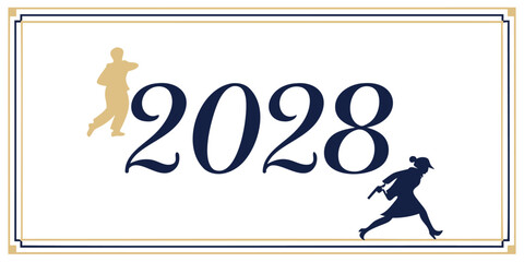 A framed image featuring the year 2028 with silhouettes of a man and a woman with a gun posing