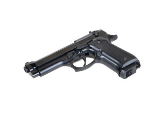 Black semi-automatic handgun on a white background, shown at an angle. Ideal for illustrating...