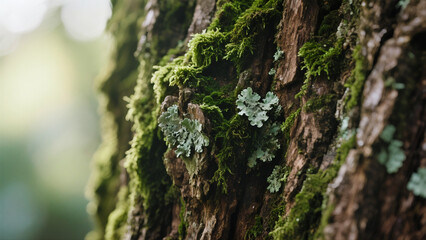 Detailed texture of tree bark covered in moss and lichen, earthy and organic.