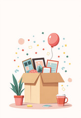 Symbolic workplace farewell scene &mdash; open box with personal items on desk, farewell balloon and confetti, modern flat vector illustration for goodbye cards, HR, and employee transition visuals