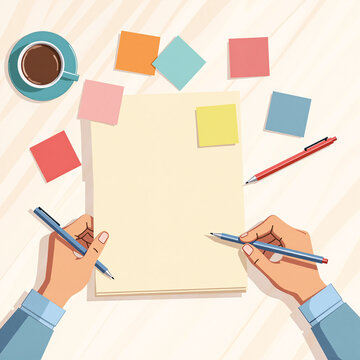 Farewell notes being written on sticky notes and cards &mdash; warm office goodbye flat vector illustration with coffee cup and pens, personal and emotional, space left for text