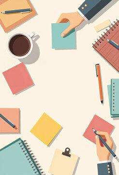 Farewell notes being written on sticky notes and cards &mdash; warm office goodbye flat vector illustration with coffee cup and pens, personal and emotional, space left for text