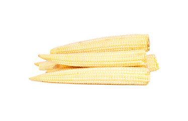 Fresh baby corn cobs arranged in a neat stack on a clean white background.
