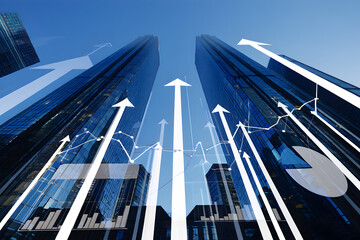 Tall glass buildings with upward arrows and financial charts architecture business