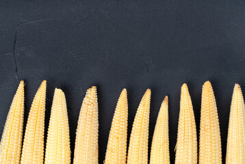 Baby corn on an empty dark background, a view of the top. Cop Spaces