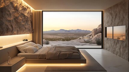 A minimalist nature-inspired bedroom with a low-profile bed, neutral linens, a natural stone accent wall, and soft lighting highlighting a panoramic view of a desert landscape.