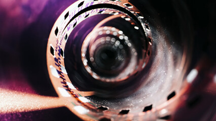 Close-up of a roll of photo film, showcasing its perforated edges and smooth surface. The film is...