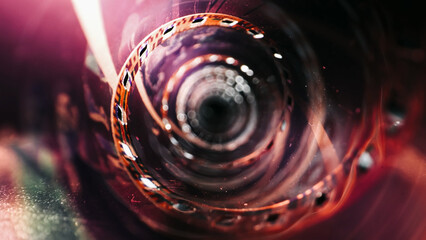 Close-up of a roll of photo film, showcasing its perforated edges and smooth surface. The film is isolated on a dark background, evoking a vintage and nostalgic feel.