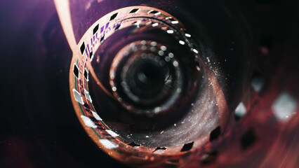 The film creates a vintage and nostalgic feel. Close-up of a roll of film showing the perforated edges and smooth surface.