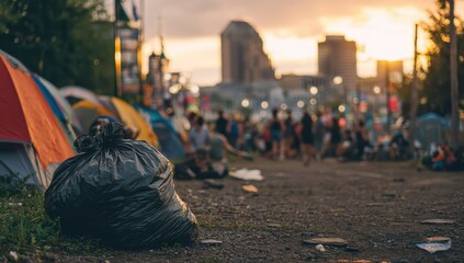 Tents and people, with city in the background, with a trash bag in the foreground