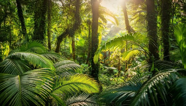 lush green tropical rainforest with sunlight filtering through trees gentle stream flowing over rocks vibrant foliage filling the landscape