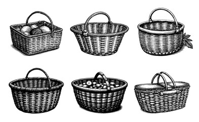 Obraz premium Hand-drawn wicker baskets in a vintage monochrome style for use in rustic or harvest-themed designs