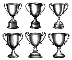 Engraved style trophy illustrations in black and white