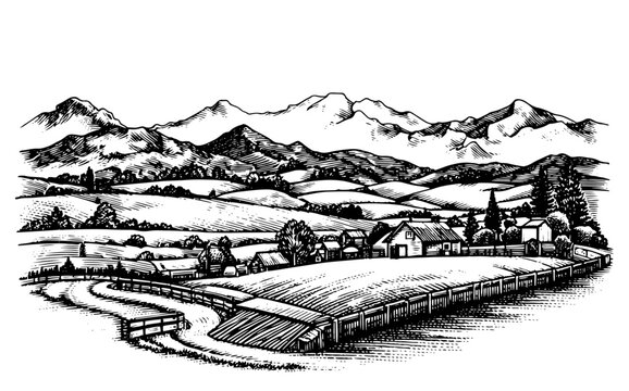 Woodcut style illustration of a mountain village in black and white, rural landscape.