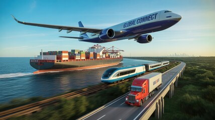 A dynamic scene featuring an airplane flying over a cargo ship and a truck, illustrating global connectivity in transportation.