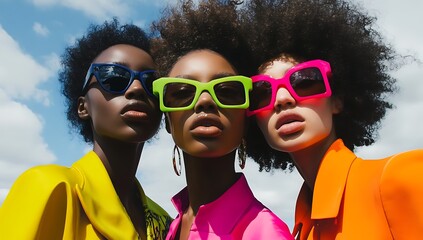 A group of three models pose for the camera in an urban setting at night, wearing bold, colorful outfits and large sunglasses.