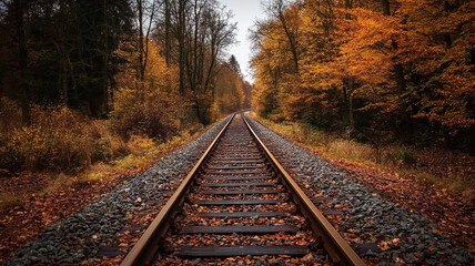 Fototapeta premium Symmetrical railway leading through colorful autumn trees. Seasonal journey and travel concept.