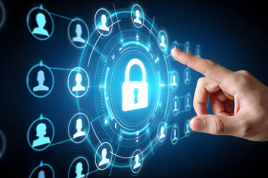 Digital security network connection with glowing lock and user icons image