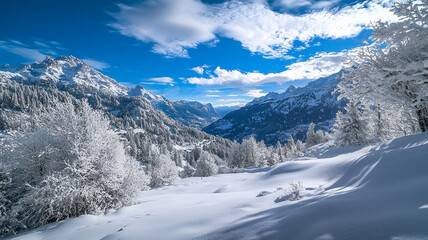 Majestic snowy mountain range under soft winter light. High-altitude peaceful landscape.