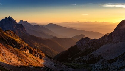 majestic layered mountain ridges illuminated by golden hour light with long shadows casting across valleys and rugged cliffs creating a dramatic landscape scene with copy space on the right