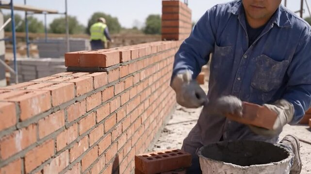 ma&ccedil;on construisant un mur en brique