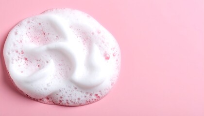 Creamy pink soap foam on a pastel pink background