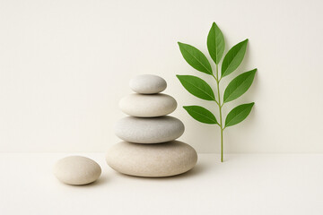 Serene spa stones and green leaf arrangement for holistic wellness and natural beauty