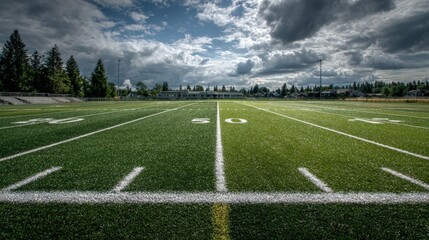 Empty football field with dramatic sky in scenic outdoor setting