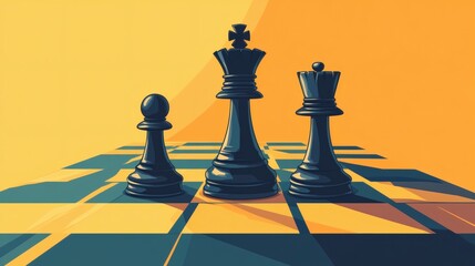 Black chess pieces, king, queen, and pawn on a yellow and teal chessboard.