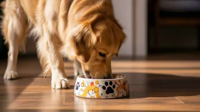 Golden retriever eating patterned dog bowl
