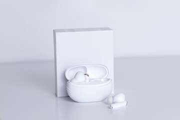 Compact wireless earbuds displayed in an elegant case on a minimalist white surface