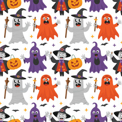 Halloween Cartoon Ghost Pattern with Witch, Pumpkin and Fun Spooky Characters

