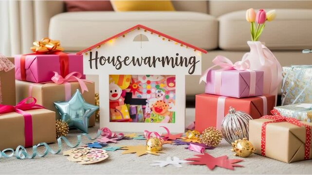 Housewarming celebration with colorful gifts decorations