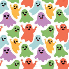 Colorful Halloween Ghost Seamless Pattern – Fun Spooky Cartoon Design

