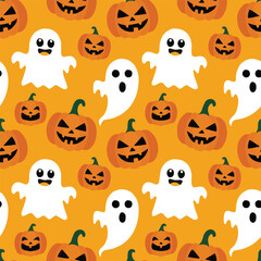 Halloween Cartoon Ghost Pattern with Witch, Pumpkin and Fun Spooky Characters

