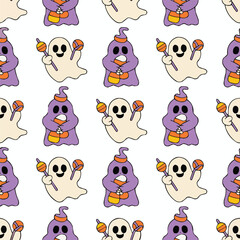 Halloween Cartoon Ghost Pattern with Witch, Pumpkin and Fun Spooky Characters

