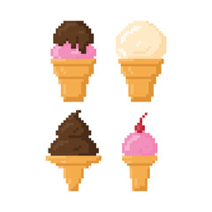 Various types of ice-cream cone flat icon vector. Pixel 8bit style