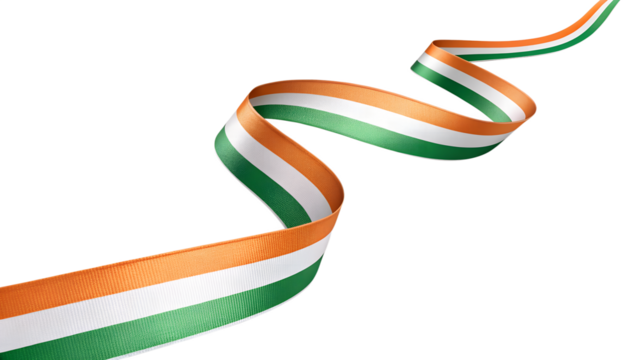 Wavy ribbon in the colors of the indian flag flowing dynamically across a black background isolated on transparent background