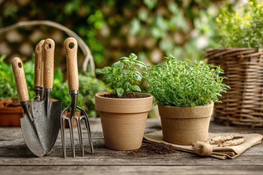 A gardening setup with tools, a clay pot, and a small plant in a home garden under warm sunlight, peaceful and organized scene with focus on natural care and lifestyle