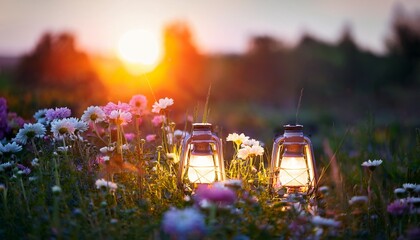 burning lamps with flowers in summertime at evening